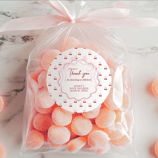 Cherry on Top Pink Bow Red Baby Girl Shower Classic Round Sticker (Creator Uploaded)