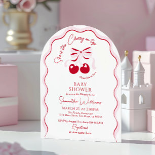 Cherry on Top Pink Bow Red Baby Girl Shower Invita Invitation