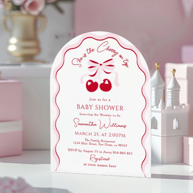 Cherry on Top Pink Bow Red Baby Girl Shower Invita Invitation (Creator Uploaded)