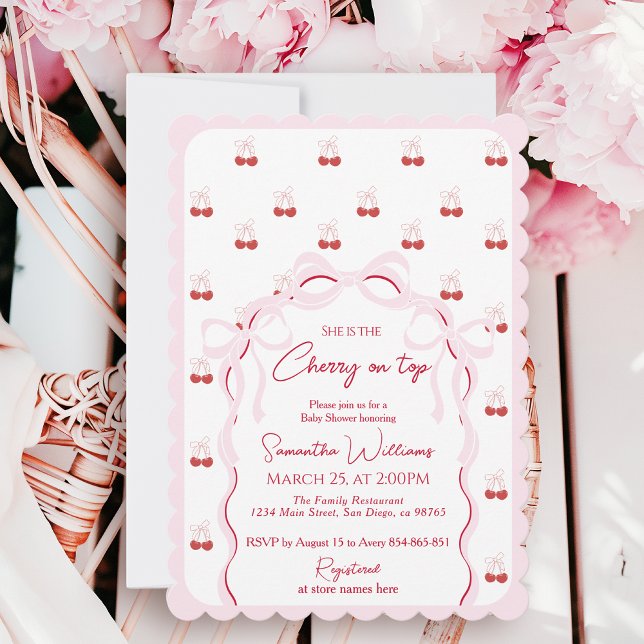 Cherry on Top Pink Bow Red Baby Girl Shower Invitation (Creator Uploaded)