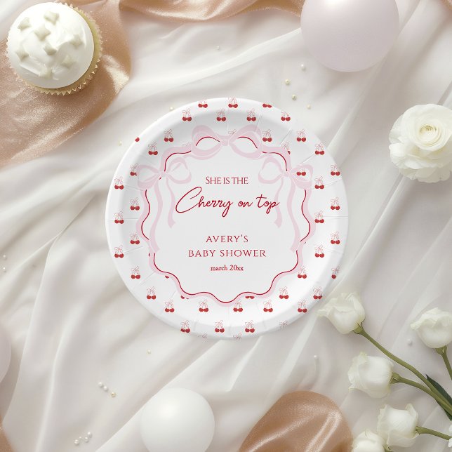 Cherry on Top Pink Bow Red Baby Girl Shower Paper Plate (Creator Uploaded)
