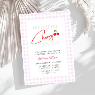 Cherry on Top Pink Chequered Girl Baby Shower Invitation