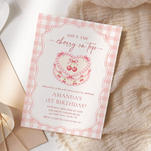 Cherry On Top Pink Gingham 1st Birthday Invitation