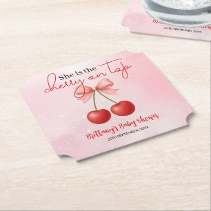 Cherry on Top Pink Girl Baby Shower  Paper Coaster