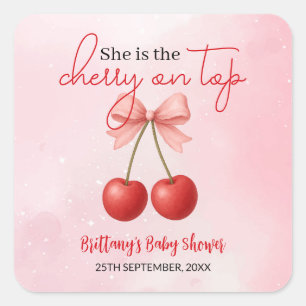 Cherry on Top Pink Girl Baby Shower Square Sticker