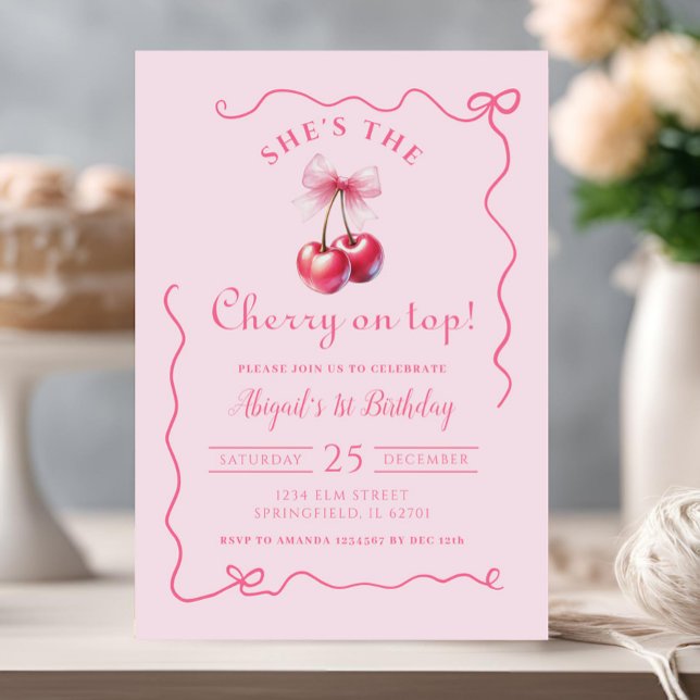 Cherry on Top Pink Handdrawn Birthday with Bow Invitation (Creator Uploaded)