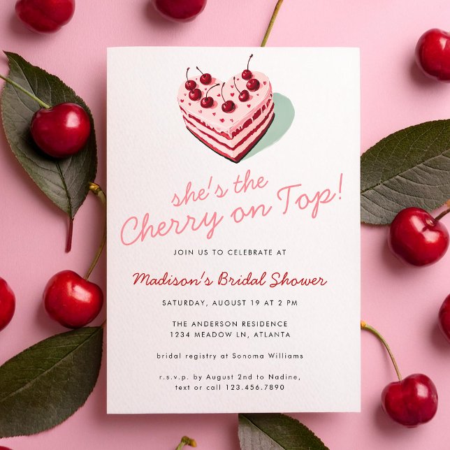 Cherry on Top Pink Heart Cake Bridal Shower Invitation (Creator Uploaded)