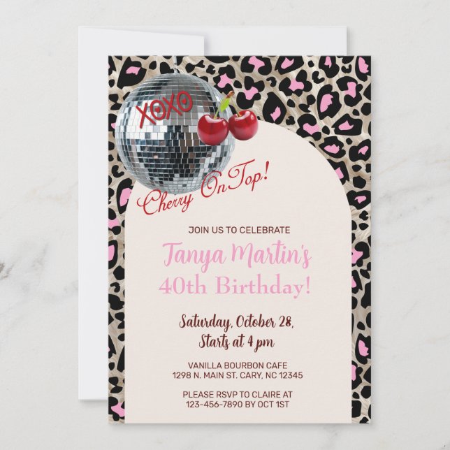 Cherry On Top pink leopard animal print invite. Invitation (Front)
