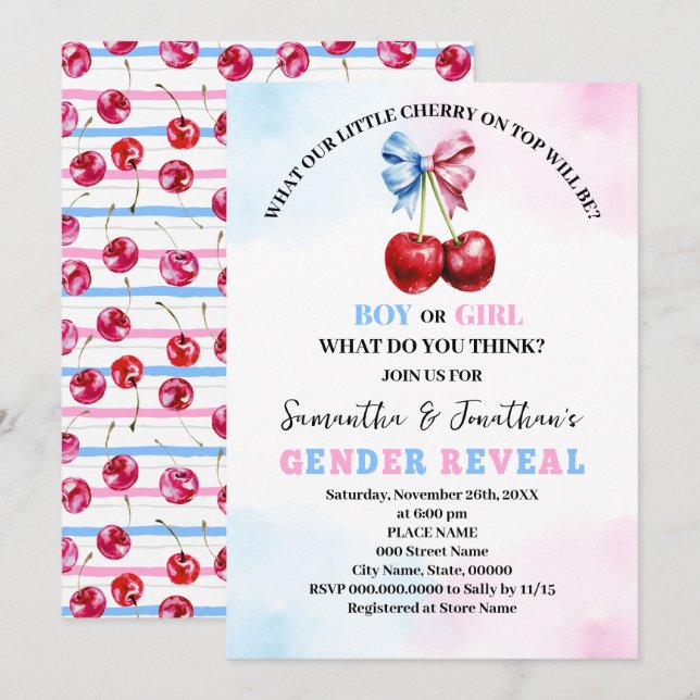 Cherry On Top Pink or Blue Gender Reveal Invitation (Front/Back)