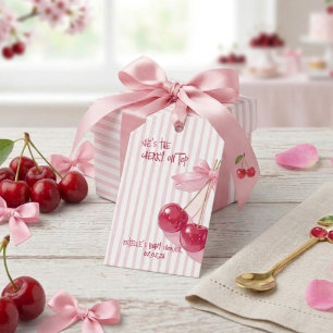 Cherry On Top Pink Retro Bow Baby Shower Gift Tags