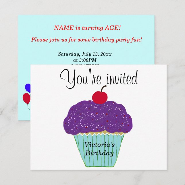 Cherry on Top Purple Frosting Vanilla Cupcake Invitation (Front/Back)