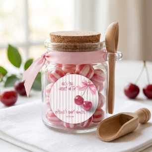 Cherry On Top Retro Bow Pink Girl Baby Shower Classic Round Sticker