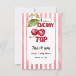 Cherry on Top Retro Pink Stripe Baby Shower Thank You Card