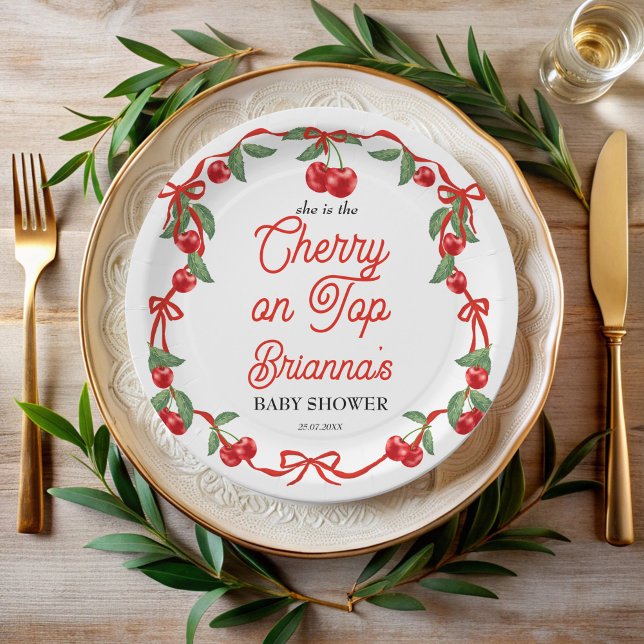 Cherry on top ribbon coquette baby shower paper plate (Cherry on top ribbon coquette cherry baby shower personalized paper plates cherry party supplies)