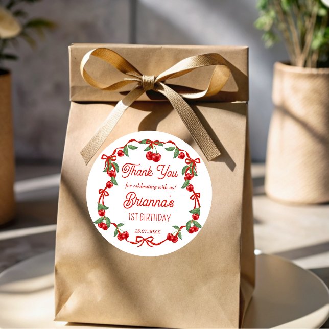 Cherry on top ribbon whimsical birthday favour classic round sticker (Cherry on top red ribbon whimsical coquette cherry birthday party favor stickers thank you stickers)