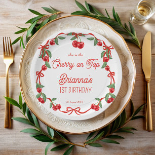 Cherry on top ribbon whimsical birthday monogram paper plate