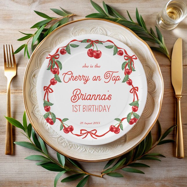 Cherry on top ribbon whimsical birthday monogram paper plate (Cherry on top red ribbon whimsical cherry birthday party monogram paper plates personalized decor)