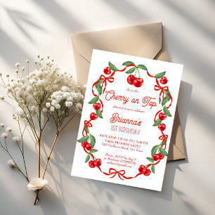 Cherry on top ribbon whimsical birthday party invitation