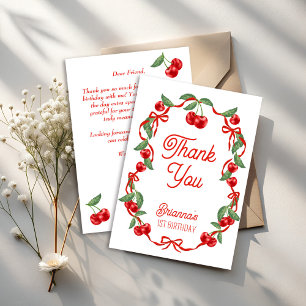 Cherry on top ribbon whimsical birthday party thank you card