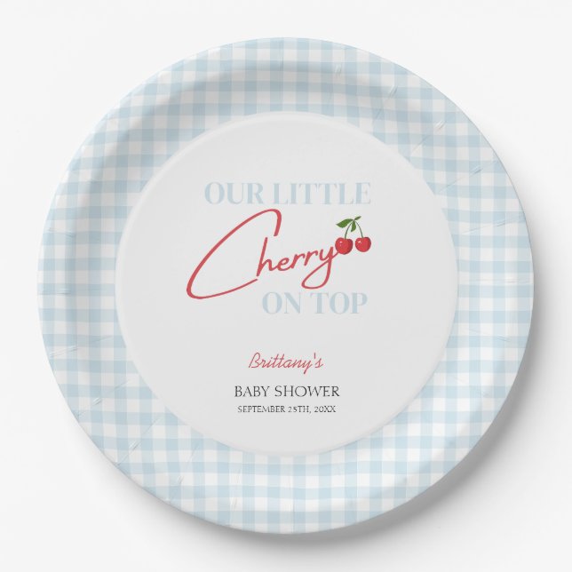 Cherry on Top Tartan Plaid Baby Shower Paper Plate (Front)