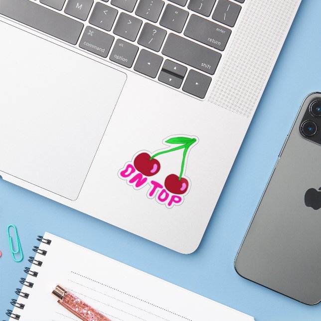 Cherry On Top, Vibrant Colourful Design Sticker (Laptop w/ iPhone)