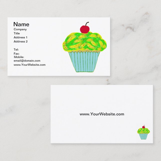 Cherry on Top Yellow and Green Vanilla Cupcake Business Card (Front/Back)