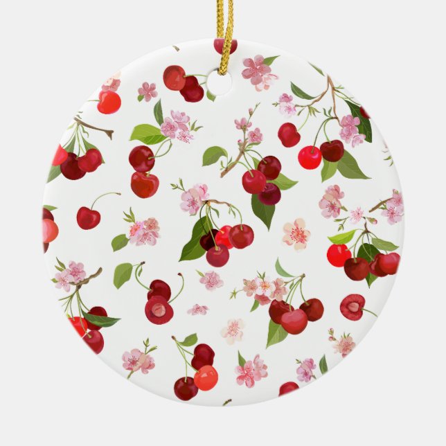 Cherry Pattern 1 Ceramic Tree Decoration (Front)