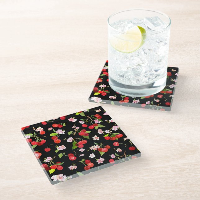 Cherry Pattern 2 Glass Coaster (Angled)