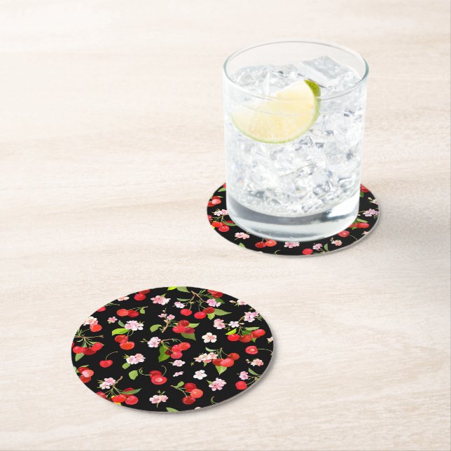 Cherry Pattern 2 Round Paper Coaster (Insitu)