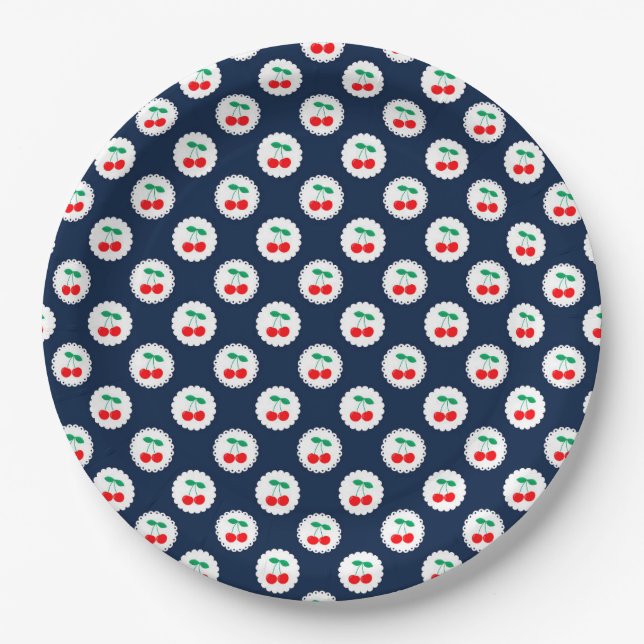 Cherry Pattern – Retro Fruit Gift & Decor Paper Plate (Front)