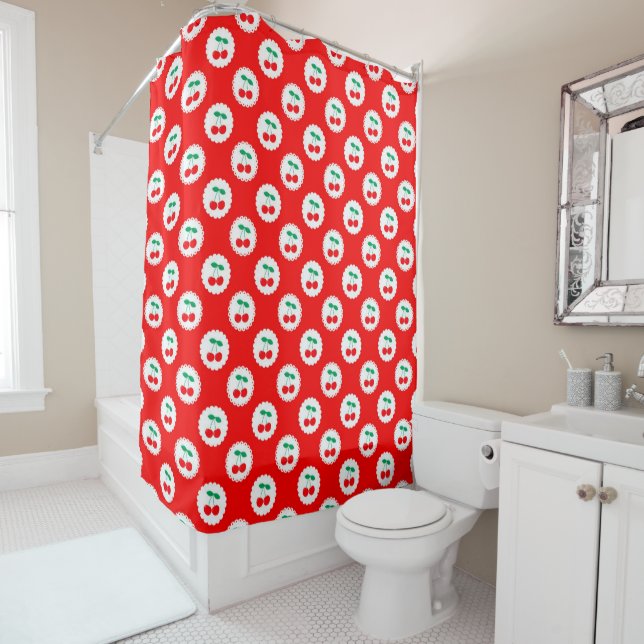Cherry Pattern – Retro Fruit Gift & Decor Shower Curtain (In Situ)