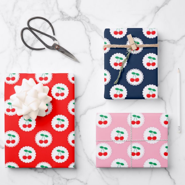 Cherry Pattern – Retro Fruit Gift & Decor Wrapping Paper Sheet (Front)