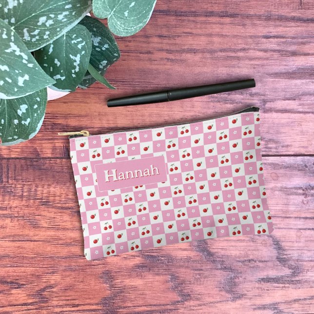 Cherry Pink And White Gingham Pattern Zipper Pouch (Cute zipper pouch with a pink and white Gingham pattern and a cherry theme . )