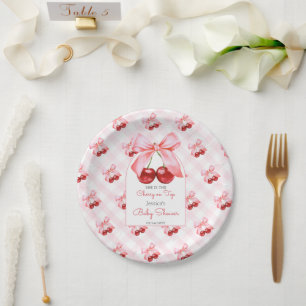Cherry Pink Bow Baby Shower Paper Plate
