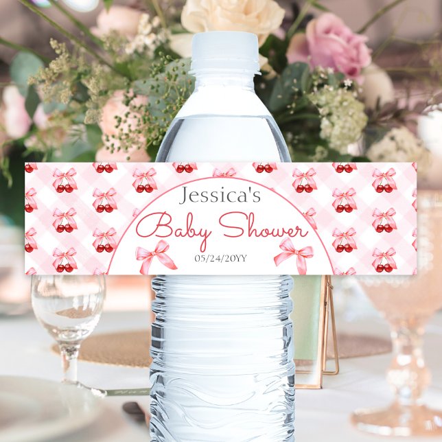 Cherry Pink Bow Girl Baby Shower Water Bottle Label (Creator Uploaded)