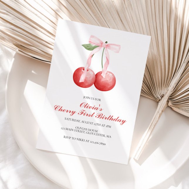 Cherry Pink Bow preppy first birthday Invitation (Creator Uploaded)