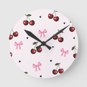 Cherry & Pink Bows Pattern - Coquette Aesthetic Round Clock