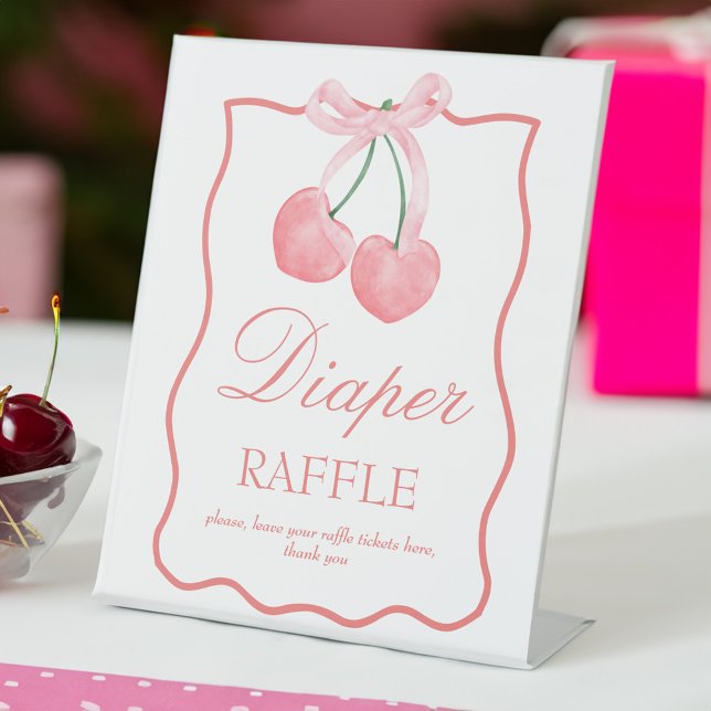 Cherry pink coquette baby shower custom table sign (Cherry pink coquette baby shower custom diaper raffle table sign personalized table signs)