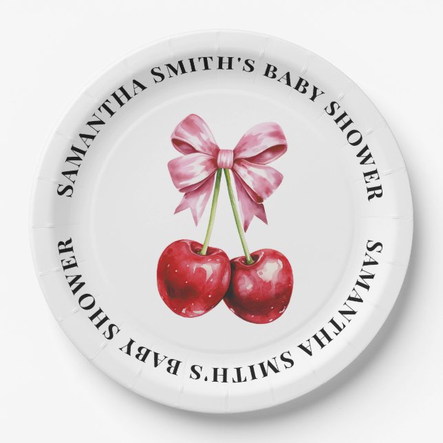 Cherry Pink Coquette Baby Shower Round Paper Plate (Front)