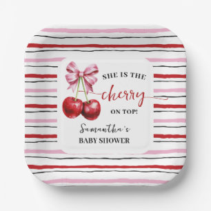 Cherry Pink Coquette Baby Shower Square Paper Plate