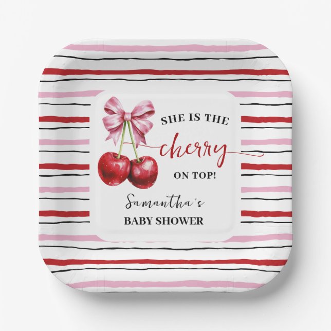 Cherry Pink Coquette Baby Shower Square Paper Plate (Front)