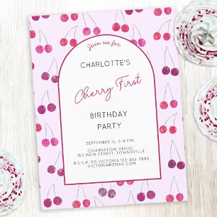 Cherry Pink First Birthday Party Invitation Postcard