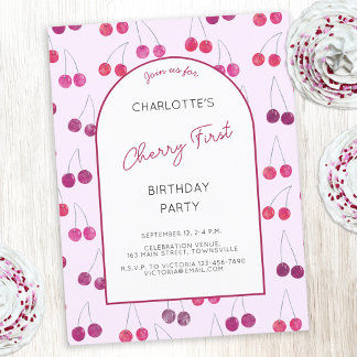 Cherry Pink First Birthday Party Invitation Postcard