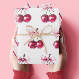 Cherry Pink Happy Birthday Wrapping Paper Sheet