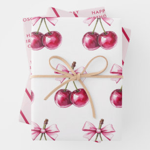 Cherry Pink Happy Birthday Wrapping Paper Sheet