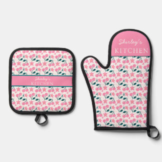 Cherry Pink Personalized oven| Custom Name  Oven Mitt & Pot Holder Set