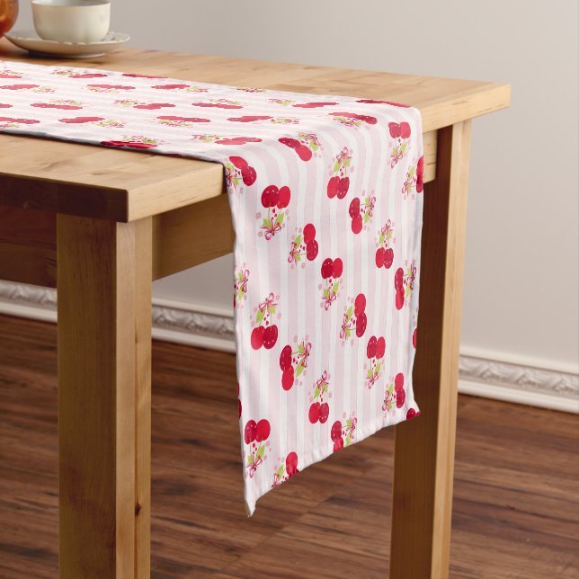 Cherry Pink Stripes Coquette Girly Preppy Short Table Runner (In Situ)