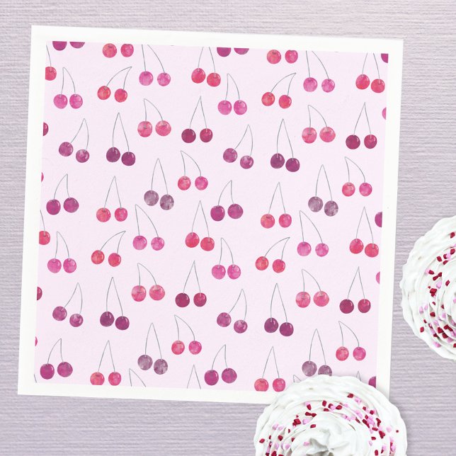 Cherry Pink Watercolor Party  Napkin (Pretty pink watercolor cherry pattern party paper napkin)