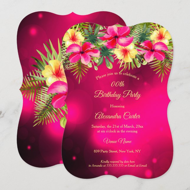 Cherry Pink yellow Hibiscus Tropical Floral Party Invitation (Front/Back)