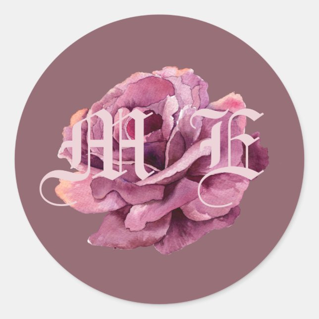  Cherry Plum Rose Wedding Monogram Classic Round Sticker (Front)